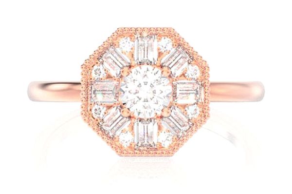 Octagon Baguette Halo Diamond Ring 14k Solid Gold 0.35ctw
