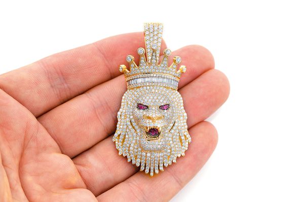 King Crown Lion Diamond Pendant 14k Solid Gold 6.75ctw