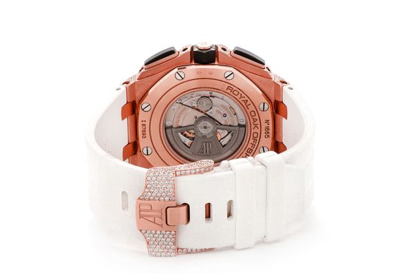 Audemars Piguet Royal Oak Offshore 44MM Rose Gold - Fully Iced Out White Rubber Strap