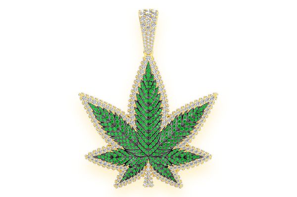 Cannabis Leaf Emerald & Diamond Pendant 14k Solid Gold 7.75ctw