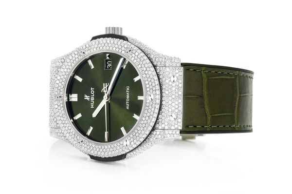 Hublot Classic Fusion Steel - 8.00ctw Fully Iced Out - Green Dial & Band