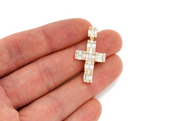  Baguette Cross Diamond Pendant 14k Solid Gold 1.80ctw