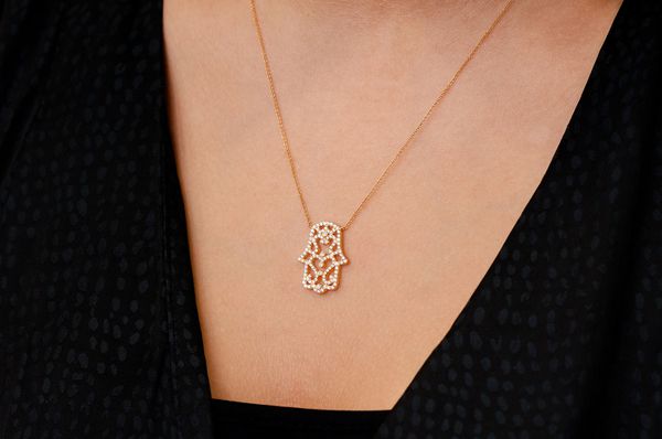 Hamsa Scroll Diamond Necklace Connected 14k Solid Gold 0.50ctw