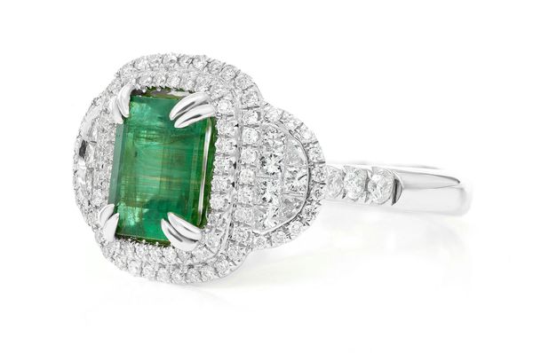 Emerald Double Halo Diamond Ring 14k Solid Gold 1.00ctw