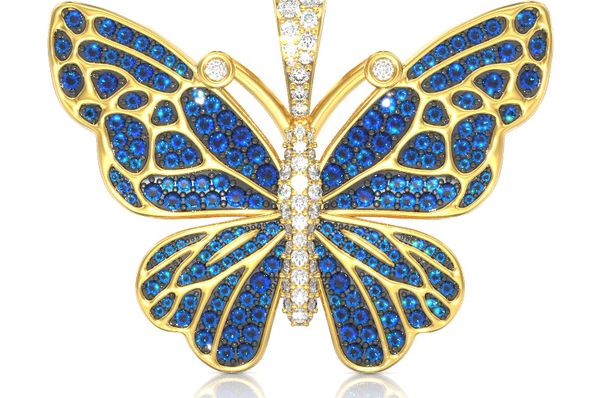 Butterfly Blue Diamond Pendant 14k Solid Gold 1.75ctw