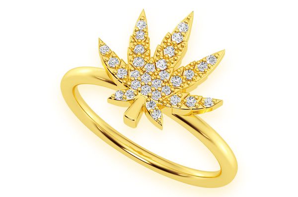 Weed Leaf Diamond Ring 14k Solid Gold 0.15ctw