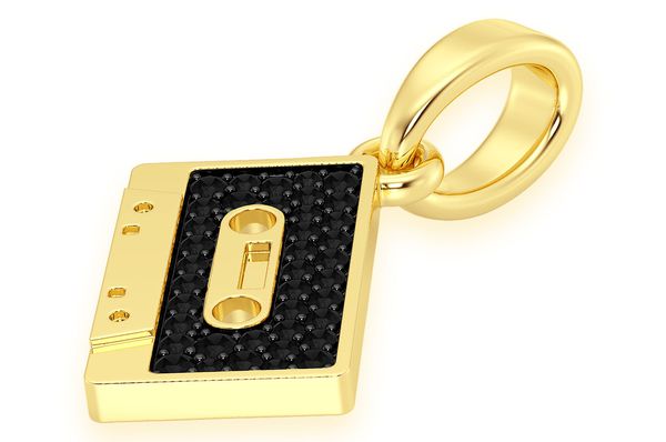 Cassette Tape Black Diamond Pendant 14k Solid Gold 0.20ctw