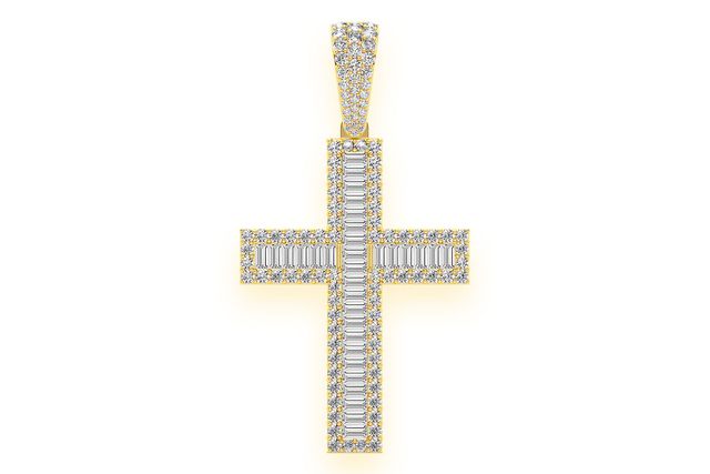 Baguette Cross Diamond Pendant 14k Solid Gold 4.00ctw