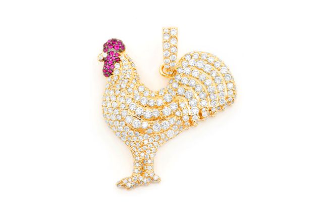 Ruby Rooster Pendant 14K   