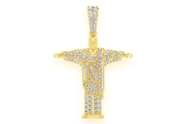 Brazil Jesus Christ The Redeemer Diamond Pendant 14k Solid Gold 1.10ctw