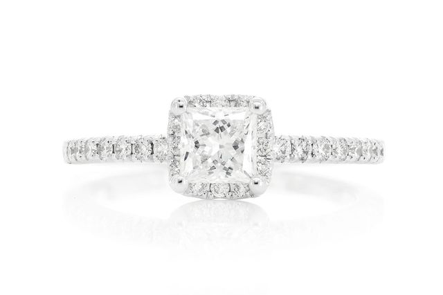 Princess Solitaire Halo One Row Band Ring 14K   