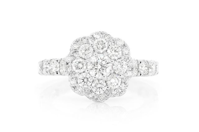 Round Floral Cluster Double Halo Ring 14K   