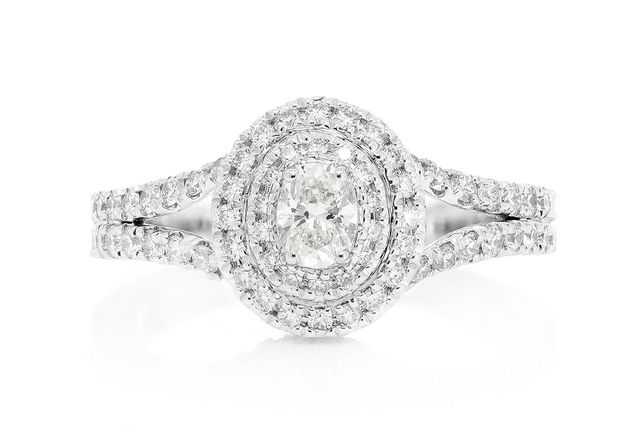 1.00ctw - Oval Double Halo Split Shank - Diamond Engagement Ring - All Natural