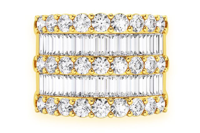 Three Row Round & Baguette Diamond Ring 14k Solid Gold 5.50ctw