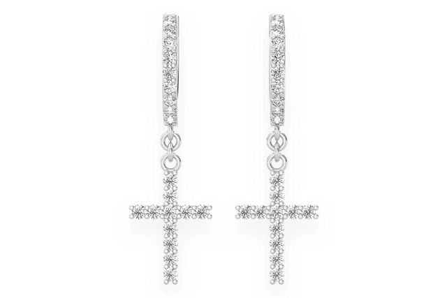 Cross Dangling Hoop Diamond Earrings 14k Solid Gold 0.30ctw