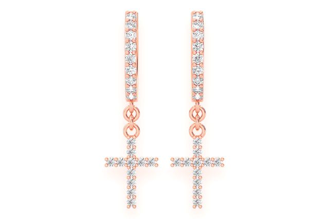 Cross Dangling Hoop Diamond Earrings 14k Solid Gold 0.30ctw