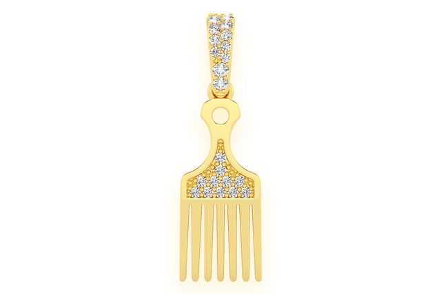 Hair Pick Comb Diamond Pendant 14k Solid Gold .05ctw